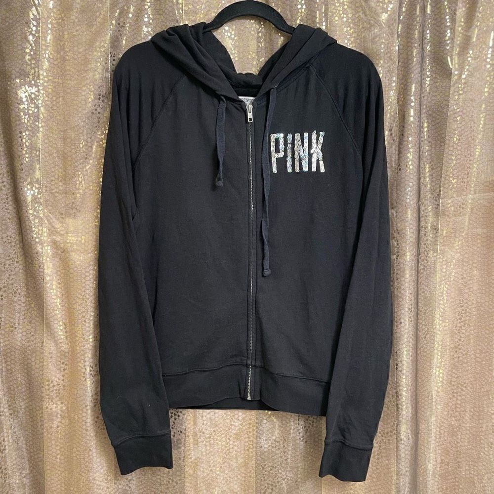 PINK Victorias Secret RARE Black Holographic Rainbow Sequin P Zip Sweater, Large - Picture 2 of 6